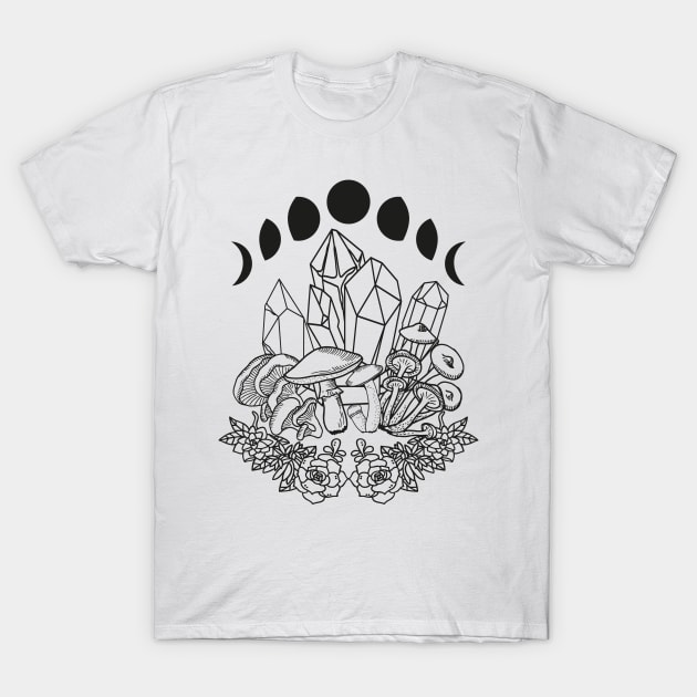 Moon Phases Crystals Mushrooms Succulents T-Shirt by srojas26